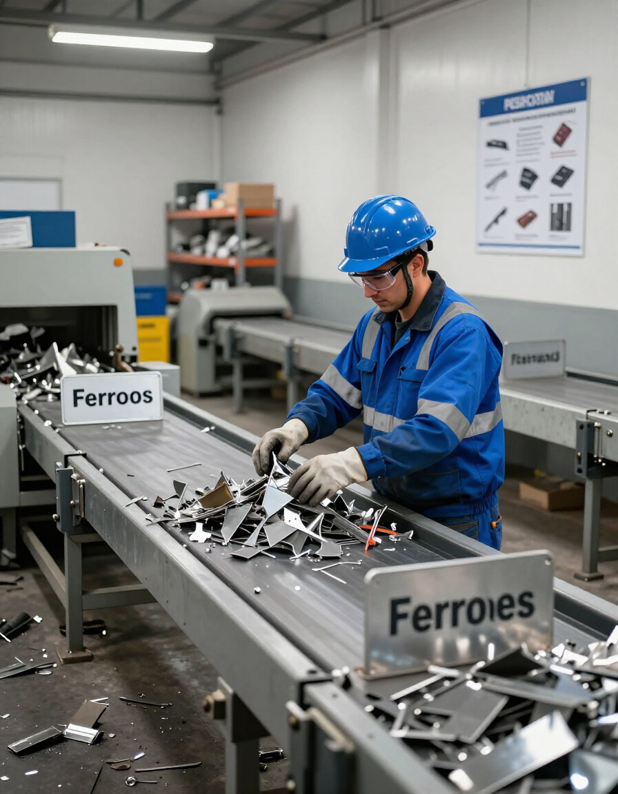 Un trabajador con casco azul clasifica chatarra metálica en una cinta transportadora de la fábrica etiquetada como