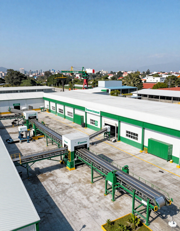 Instalación industrial con cintas transportadoras verdes junto a edificios de almacenes blancos bajo un cielo azul despejado.
