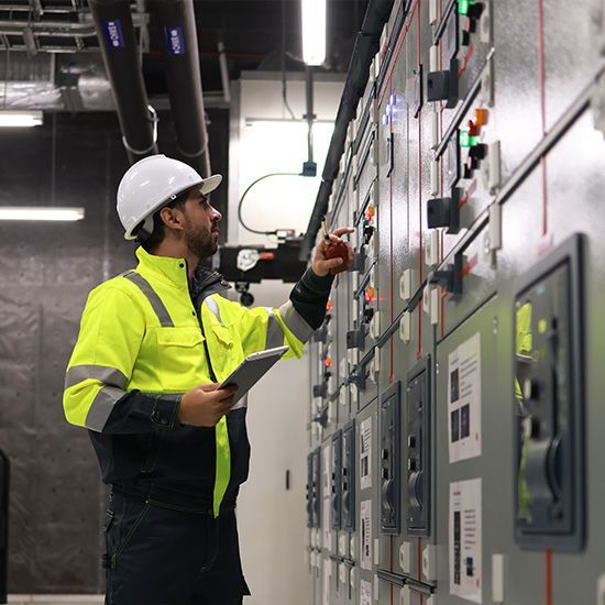 Specialist HVAC Industrial engineer with green safety jacket and PPE check piping and HVAC control system, maintenance service