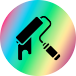 An icon of a paint roller on a colorful background.