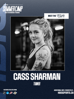 Promotional graphic for an HBI Summer Camp featuring trainer Cass Sharman, with sports league logos and registration info.