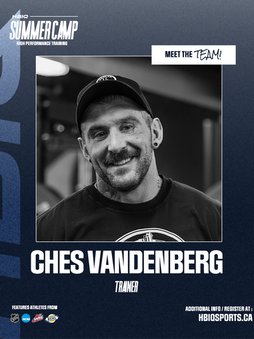 A black-and-white promotional flyer for HBI Summer Camp featuring trainer Ches Vandenberg with text and contact info.