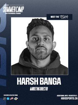 A team introduction graphic for HBI Summer Camp featuring Marketing Director Harsh Banga against a blue background.