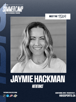 A promotional graphic for a summer camp featuring a headshot of nutritionist Jaymie Hackman against a dark blue background.