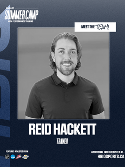 A promotional flyer for a summer camp featuring a headshot of trainer Reid Hackett with the website HBIOSPORTS.CA.