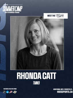 An HBI Summer Camp flyer featuring a portrait of trainer Rhonda Catt. The background is dark blue with white text.