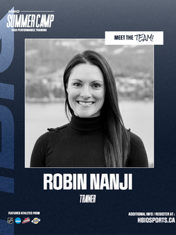 Graphic featuring trainer Robin Nanji for HBI Summer Camp, with name, title, and registration URL at hbisports.ca.