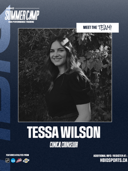 A team member profile for Tessa Wilson, Clinical Counselor at HBI Summer Camp, featuring her portrait against foliage.