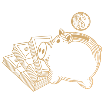A piggy bank is sitting next to a pile of money and a coin.