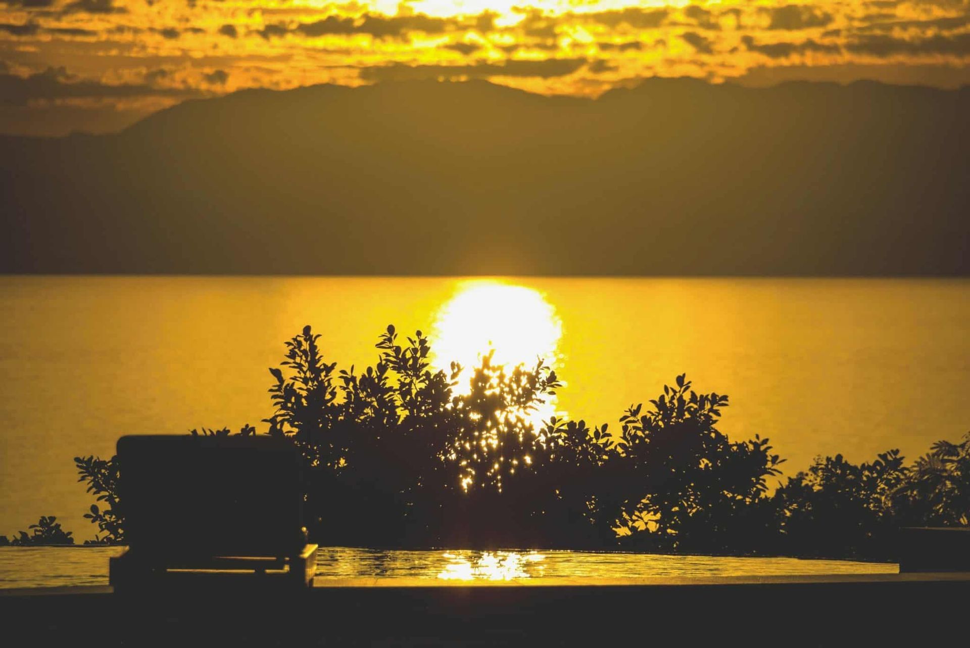Sunset over water with silhouetted trees and a bench. Golden light, clouds.