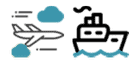 Icons of an airplane with clouds and a ship with waves, representing modes of transportation.