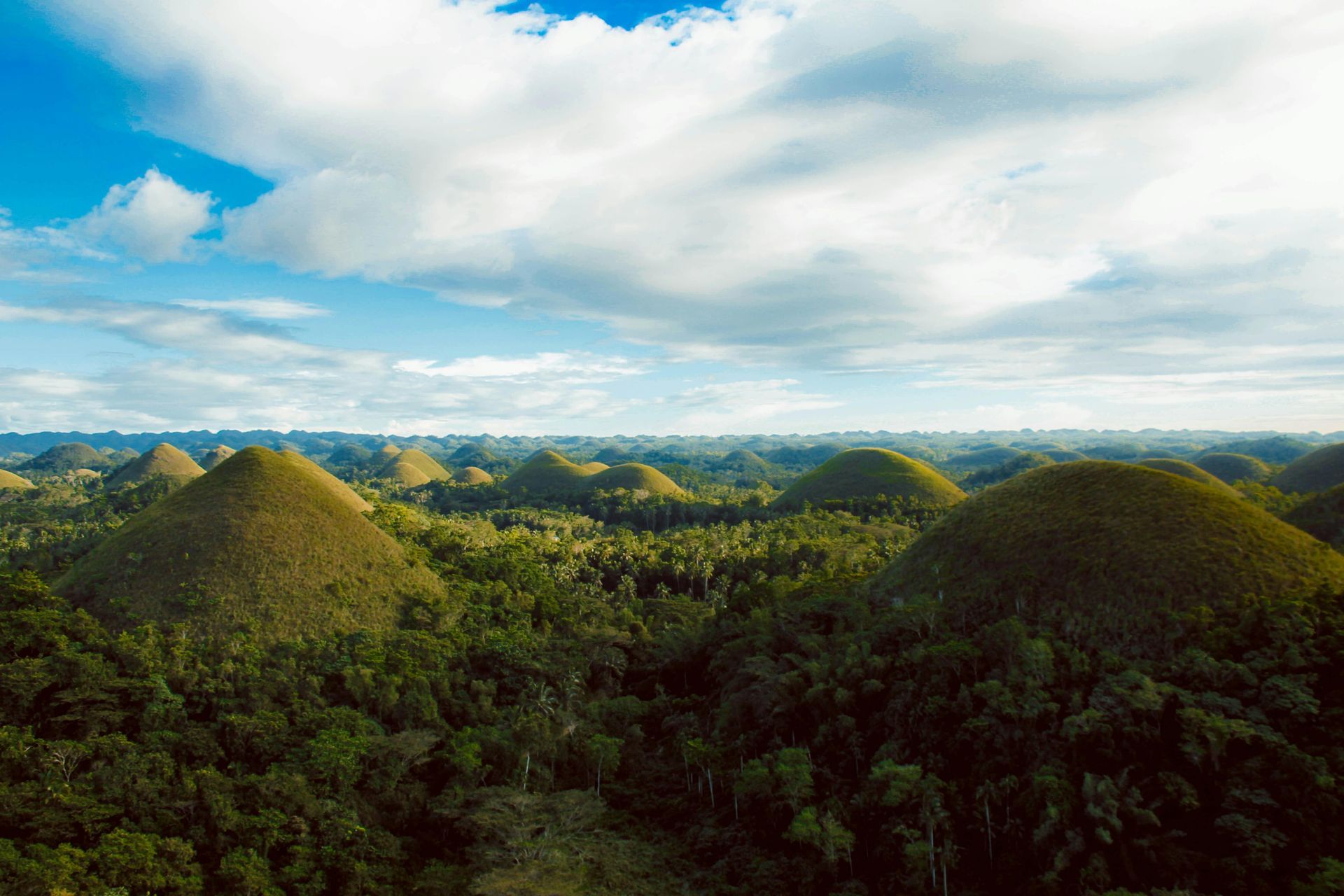 Chocolate Hills in Bohol, Philippines, featuring numerous rounded, green hills under a bright blue sky.
