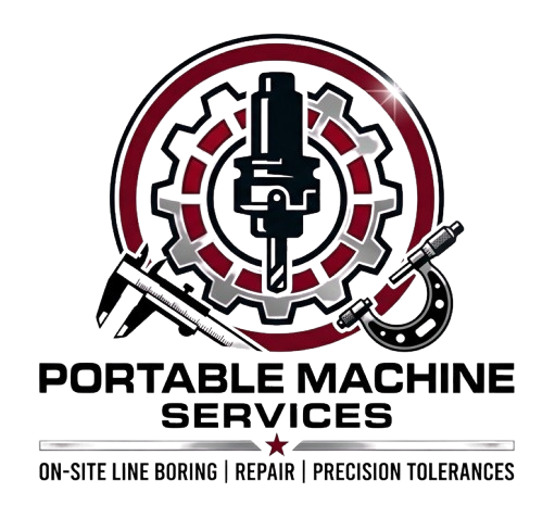 Portable Machine Services logo with gear, drill, and precision boring gauge in black, red, and gray.
