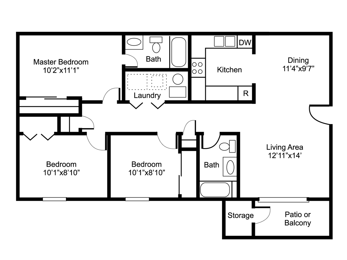 Floor plan of an apartment with a master bedroom, two other bedrooms, kitchen, living area, dining area, and bathrooms.