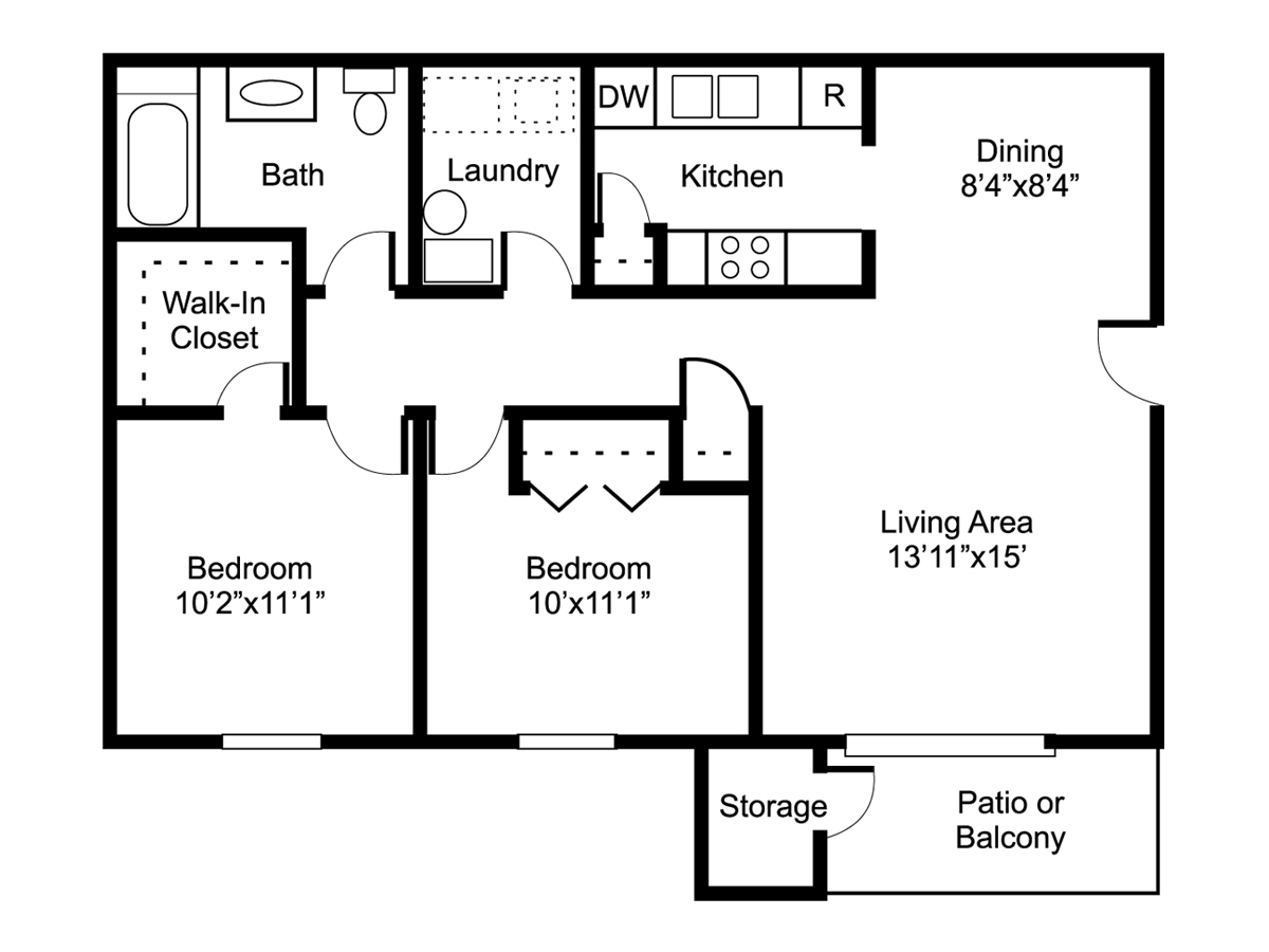Floor plan of a two-bedroom apartment. Includes bath, laundry, kitchen, dining, living area, and balcony.