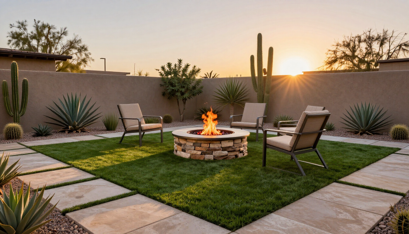 A beautifully designed modern Arizona backyard featuring artificial turf and stone pavers.