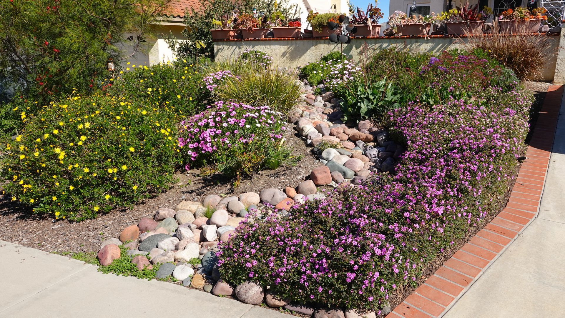 Colorful flower garden with pink and yellow blooms along a stone-lined curb and sidewalk
