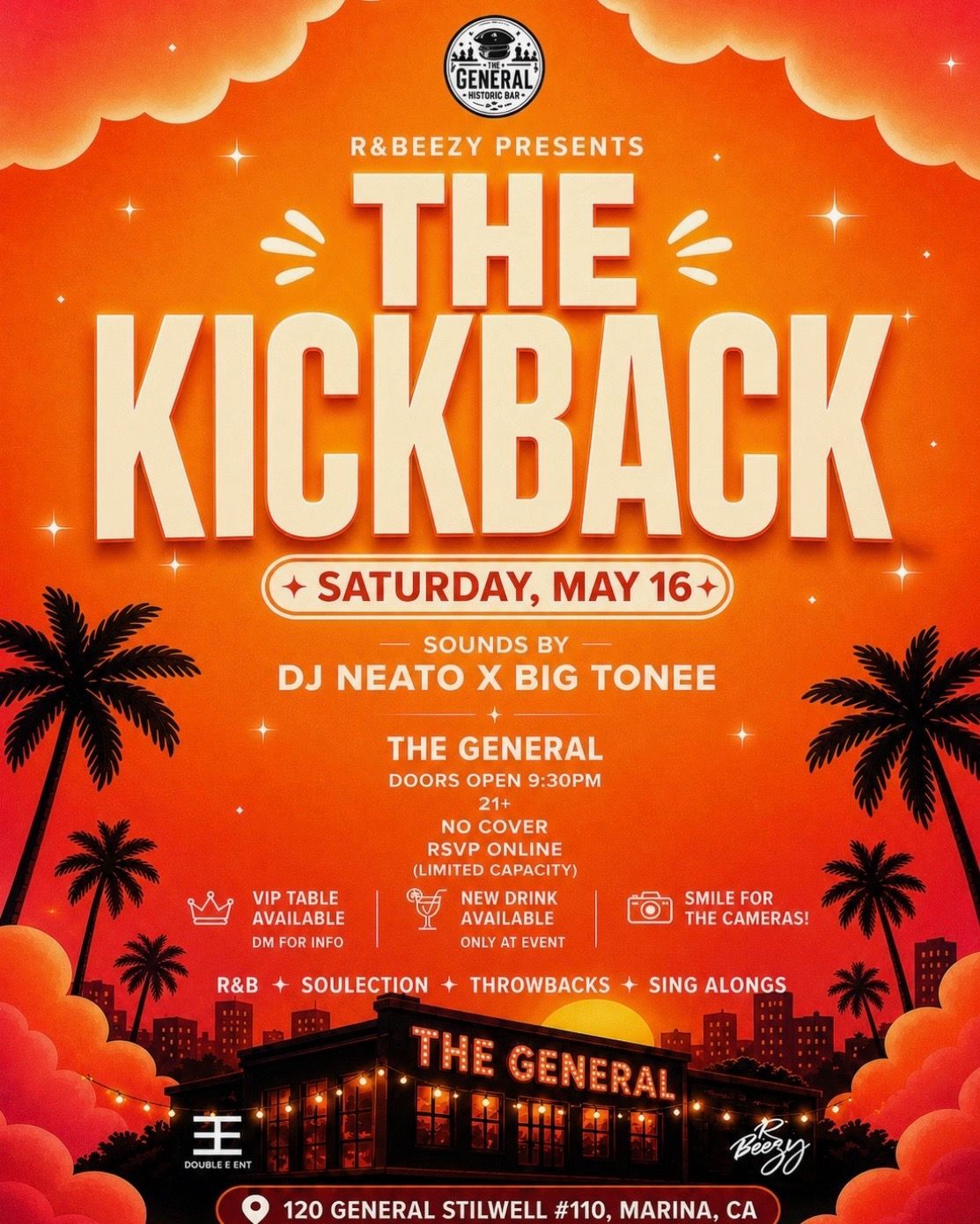 THE KICKBACK flyer at The General Historic Bar featuring DJ Neato and Big Tonee on May 16, 2026 with R&B, throwbacks, and sing-along music in Marina, CA.