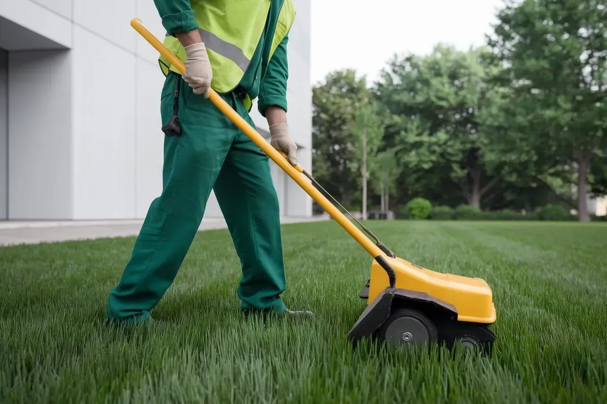 Worker in green uniform pushing a yellow lawn mower through tall grass beside a building.