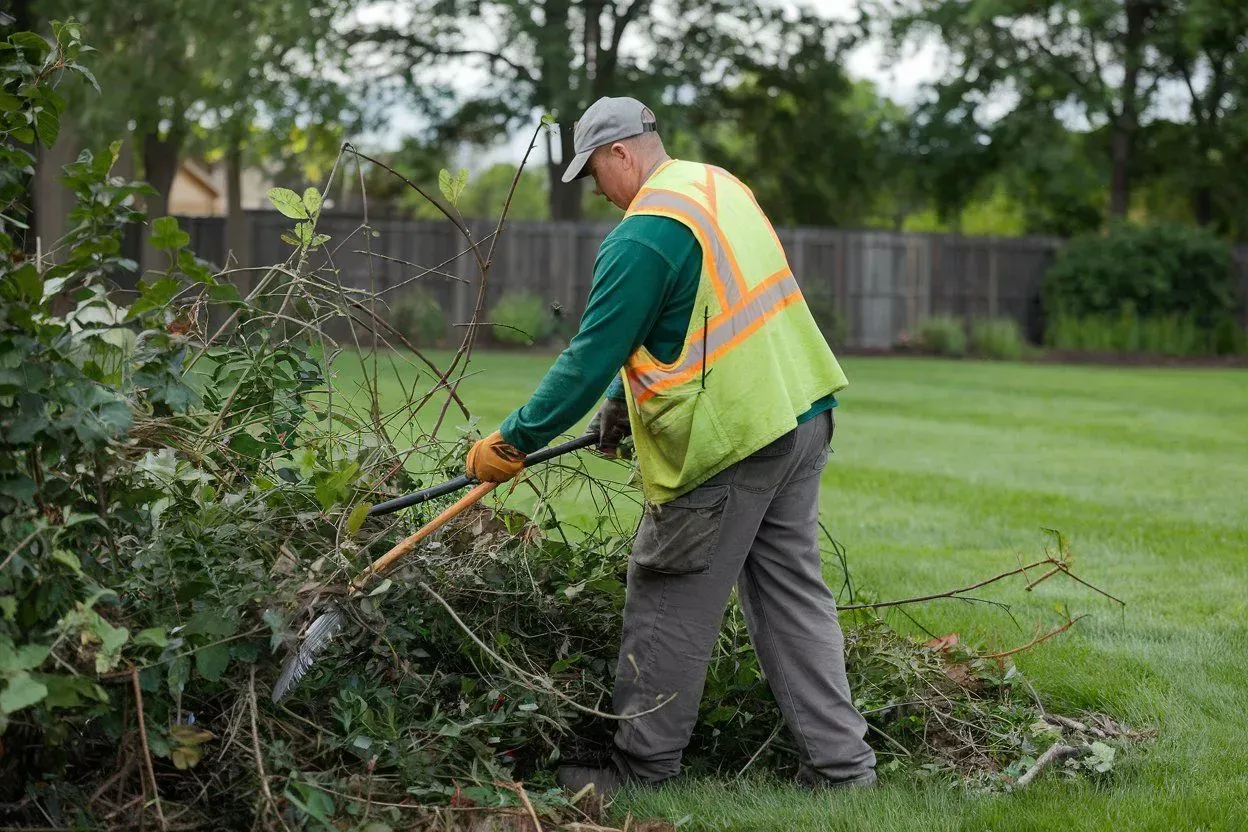 Worker in a neon vest trimming a fallen tree branch in a grassy yard.