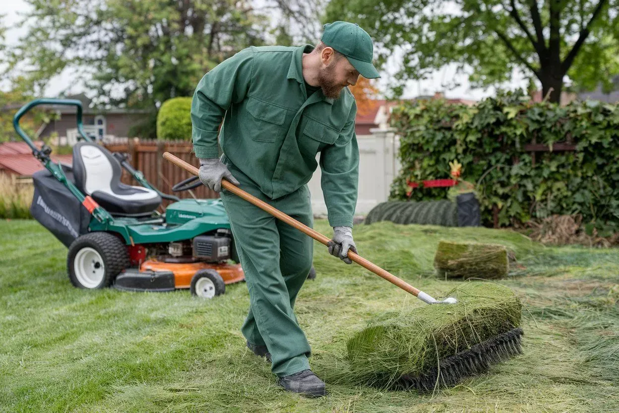 Gardener in green uniform raking grass clippings beside a lawn mower in a backyard.
