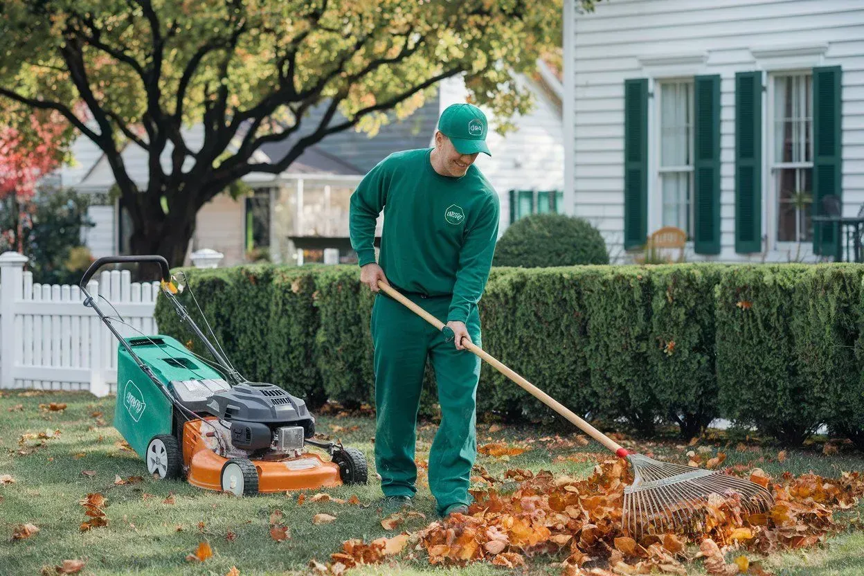 Worker in green uniform using a leaf blower in a yard with autumn leaves and a trailer of equipment