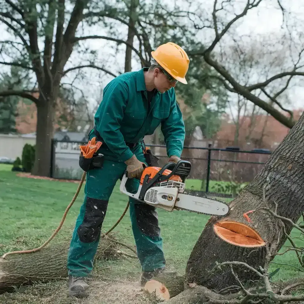 Worker in green protective gear and yellow helmet cutting a tree trunk with a chainsaw outdoors