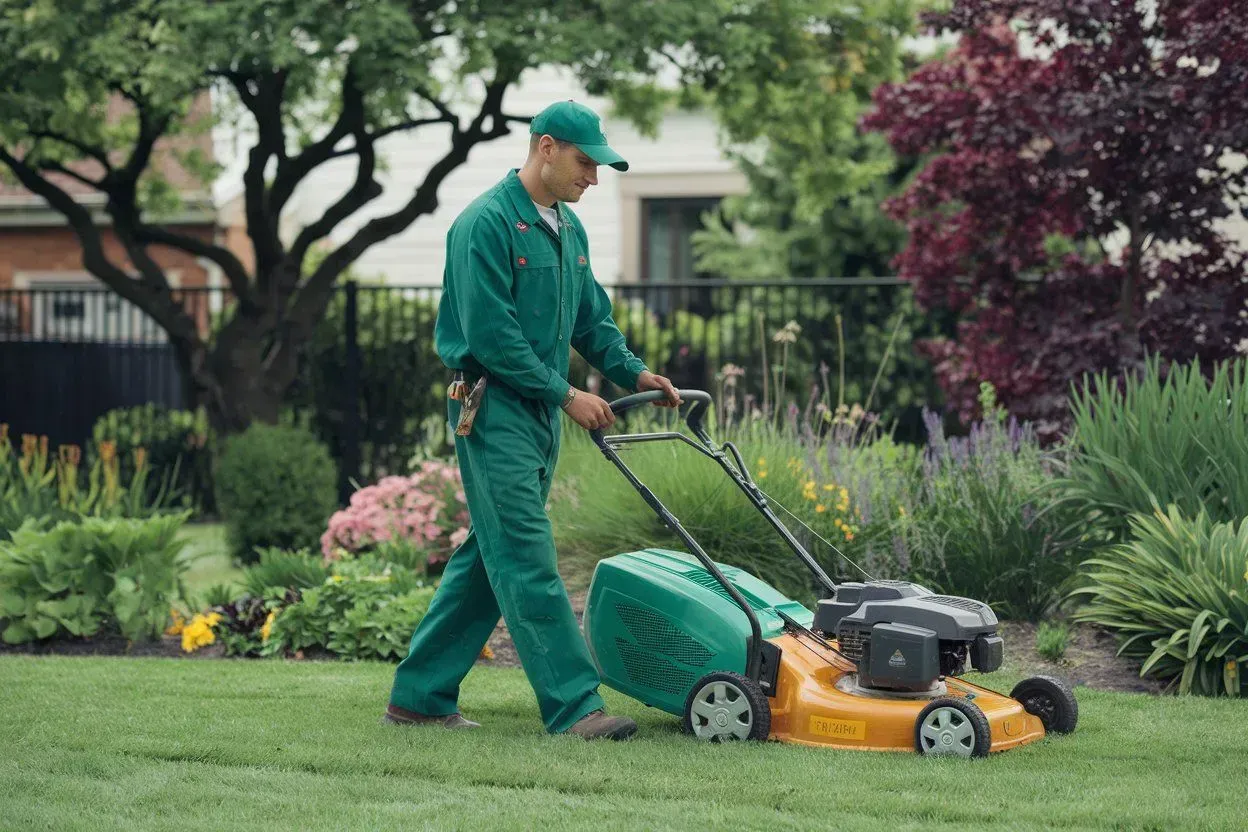 Worker in green uniform mowing a lawn with a push mower in a landscaped garden.