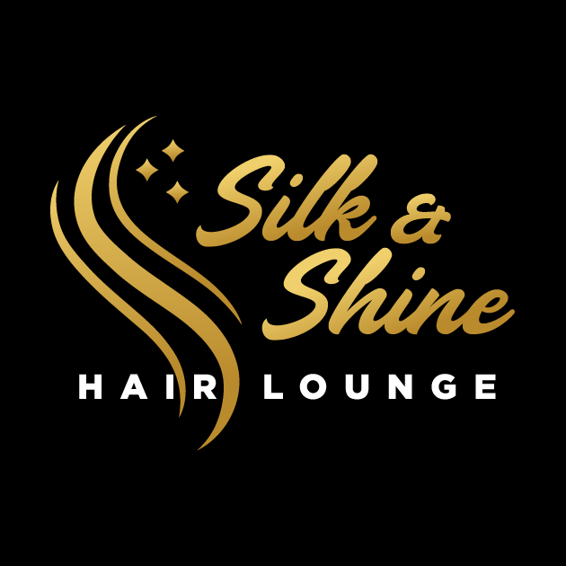 Logo for Silk & Shine Hair Lounge, gold script on white, with a hair strand design.