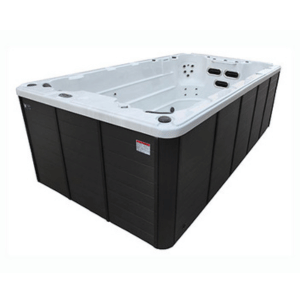 Rectangular black hot tub with white interior and built-in jets on a plain white background