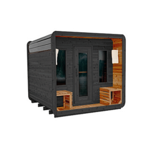 Compact black and wood sauna pod with glass door and bench seating, shown on a white background