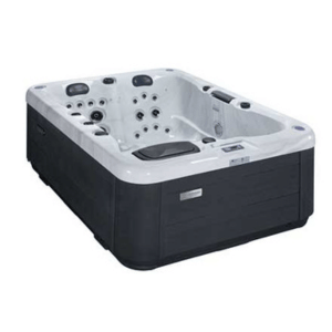 White and black outdoor hot tub with multiple jets and seats on a plain background