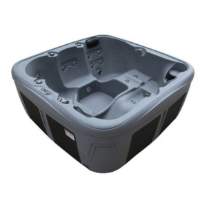 Gray outdoor hot tub with molded seats and jet nozzles