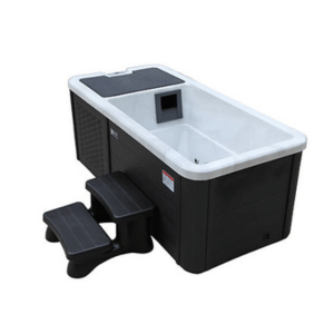 Black-and-white pet grooming tub with steps and foot pedal against a white background