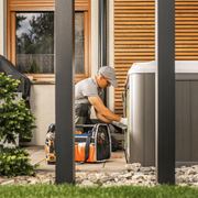 Worker installing equipment beside a house, with tools and a metal cabinet in a landscaped yard.