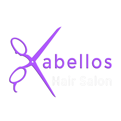 A purple logo for a hair salon with a pair of scissors.