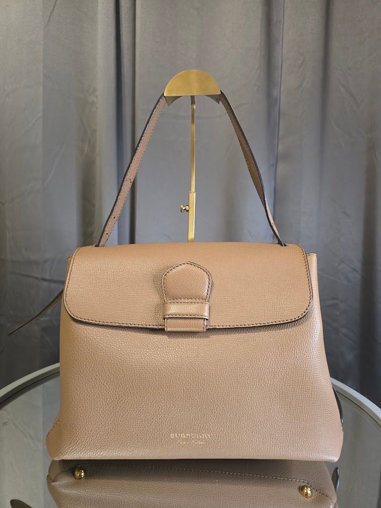 Burberry Taupe Leather Structured Front-Flap Shoulder Bag