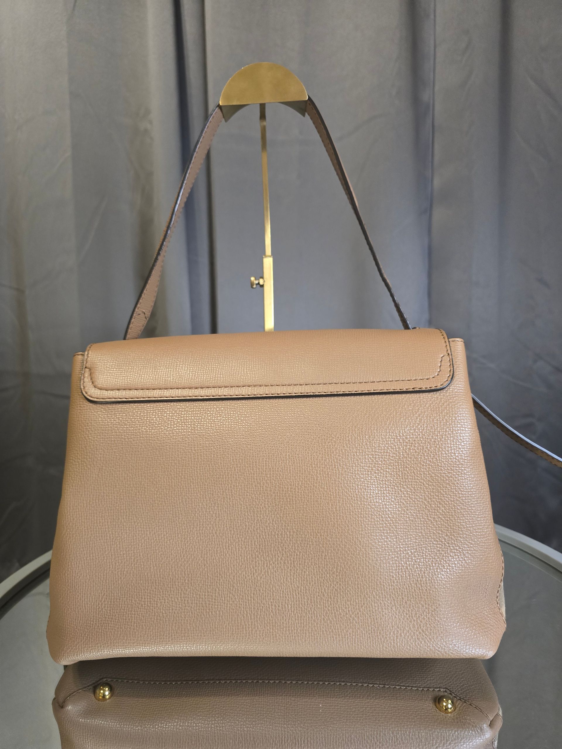 Burberry Taupe Leather Structured Front-Flap Shoulder Bag