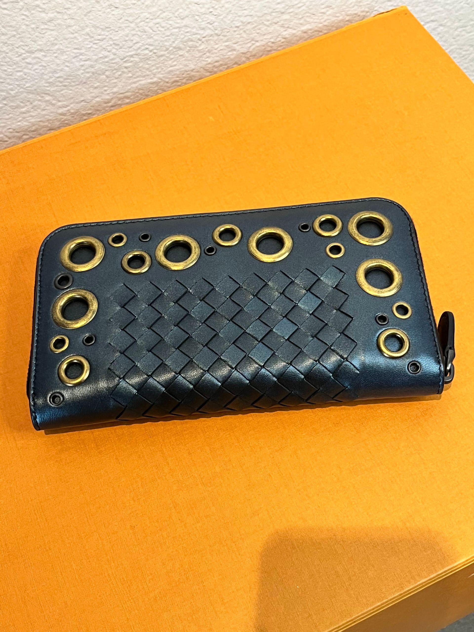 Bottega Veneta Intrecciato Grommet Blue Gre Leather Continental Wallet