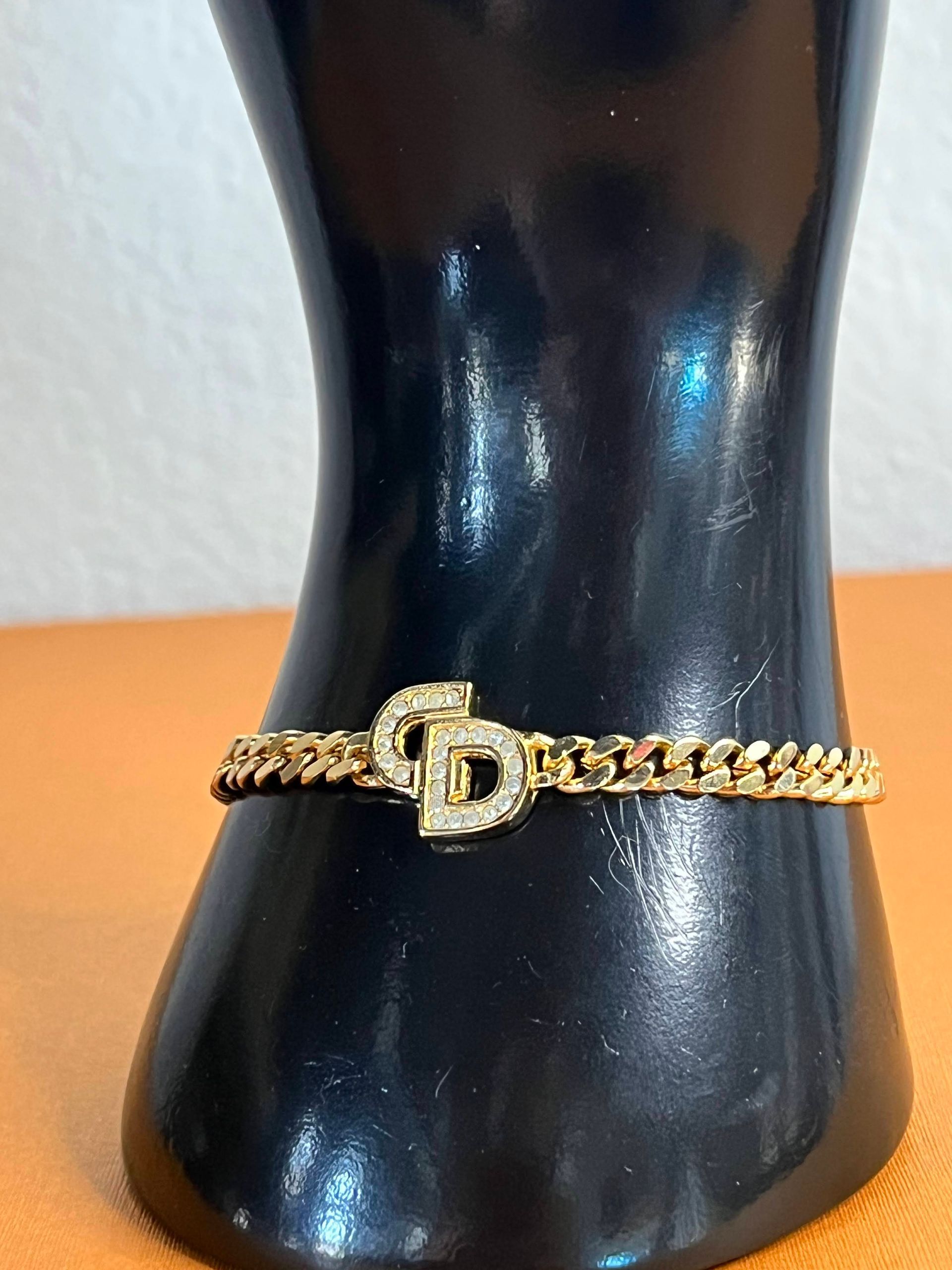 Christian Dior Gold Finish Metal & Pave Crystal CD Link Bracelet