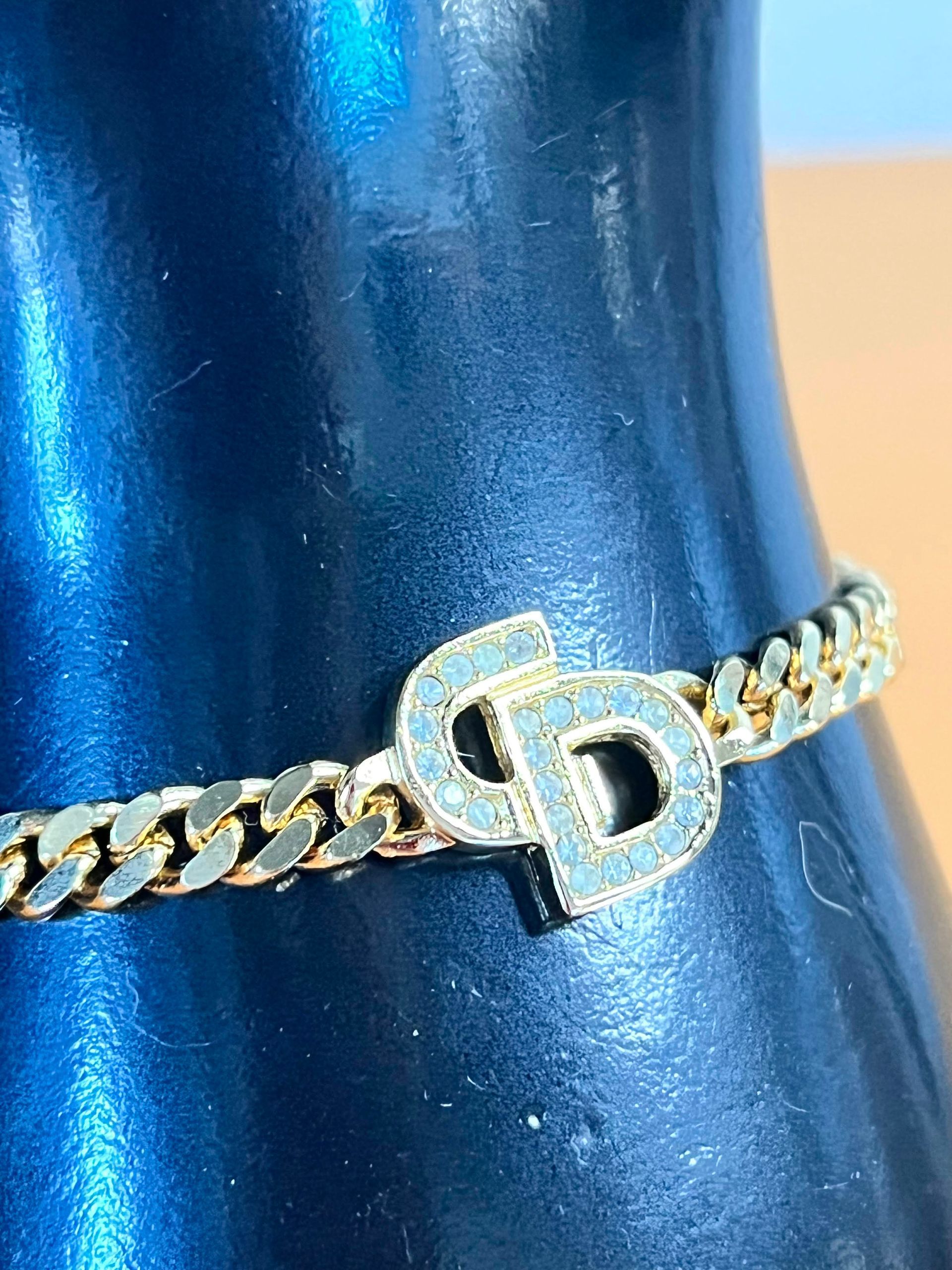 Christian Dior Gold Finish Metal & Pave Crystal CD Link Bracelet