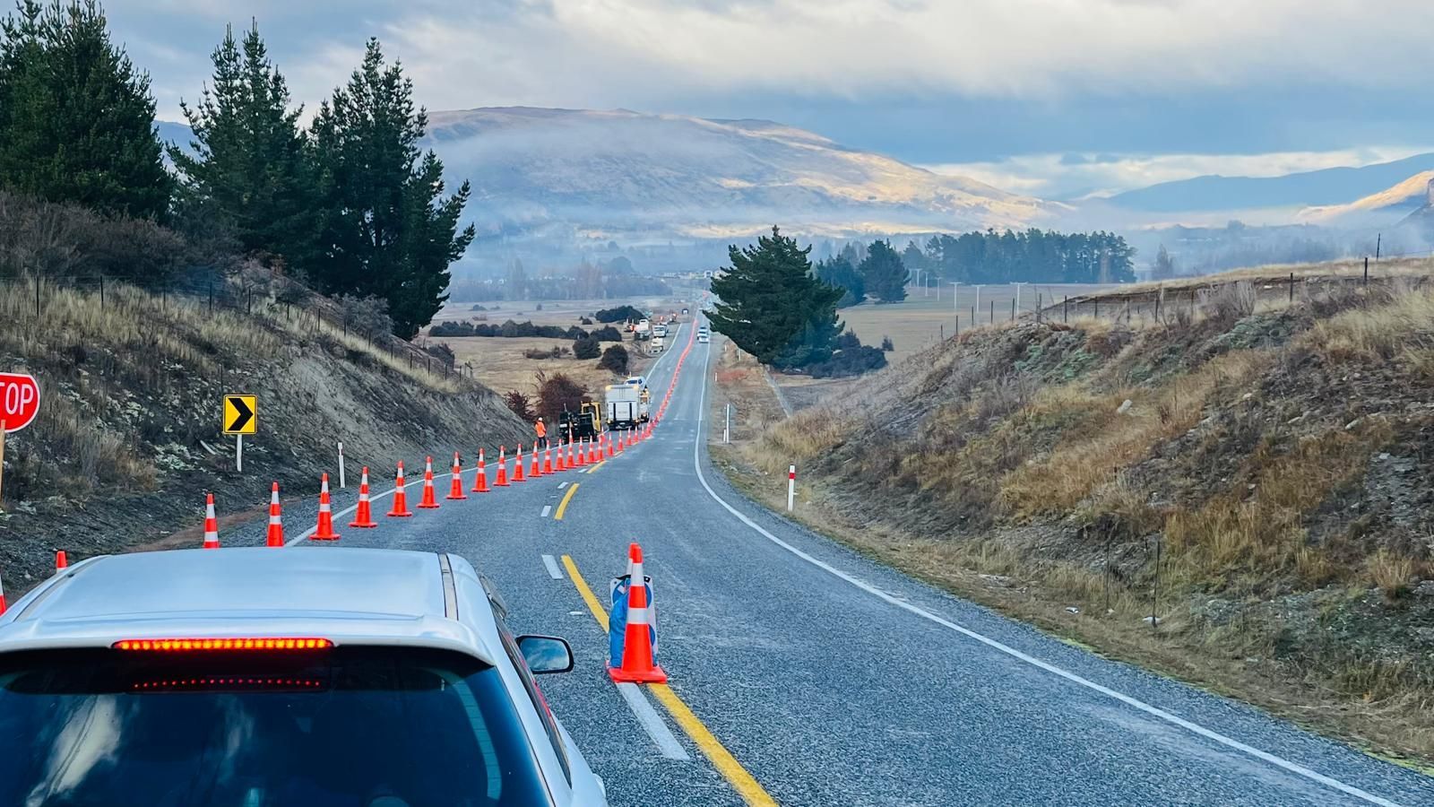 Traffic Management setup on State highway 6, Albert town, Wanaka, Otago.