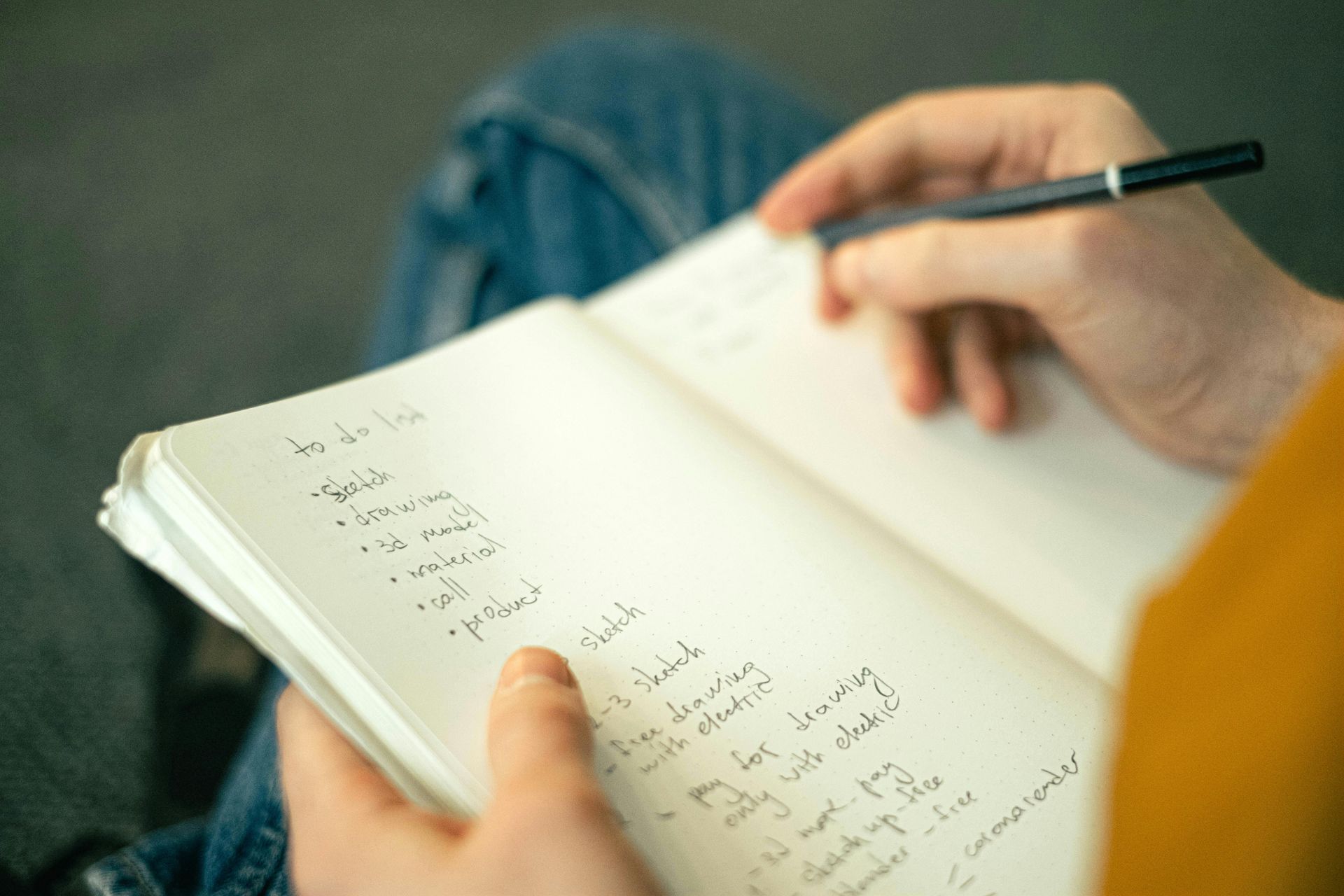 A person in a yellow sweater writes in a to-do list notebook.