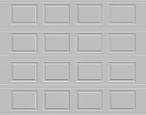 Gray paneled garage door with four rows of rectangular panels