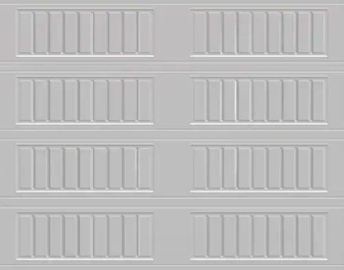 Gray paneled garage door with eight rectangular sections