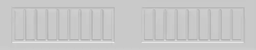Two side-by-side light gray rectangular panels with vertical grooves on a pale background