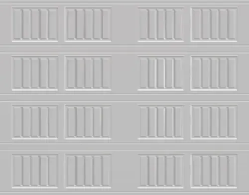 Gray paneled garage door with sixteen rectangular sections and vertical grooves