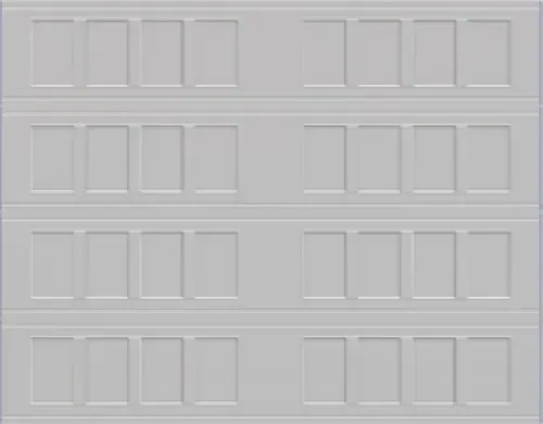 White paneled garage door with eight rectangular windows, closed.