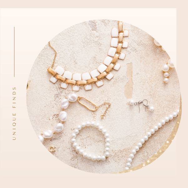 Pearl and gold jewelry on a beige textured background, arranged in a circular flat lay
