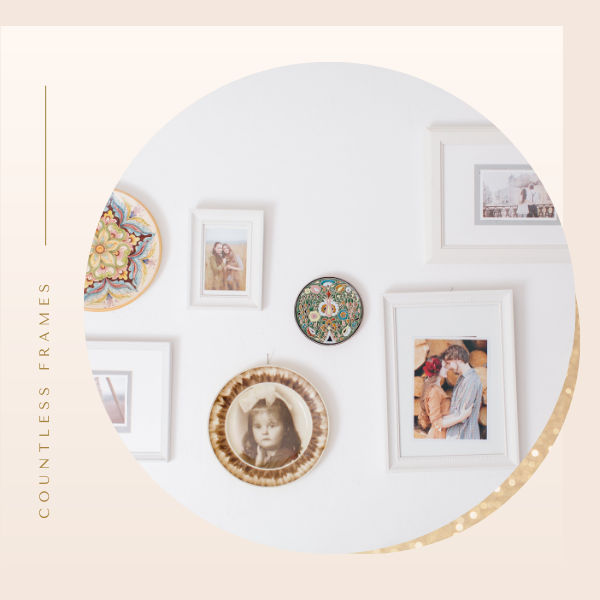 White gallery wall with framed art and a gold-rimmed circular mirror, branded “COUNTLESS FRAMES” on the left.